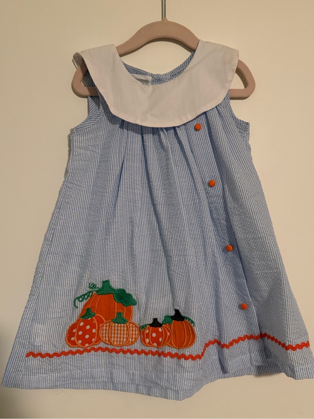 Lil Cactus Blue Seersucker Pumpkin Appliqué Dress with White Collar